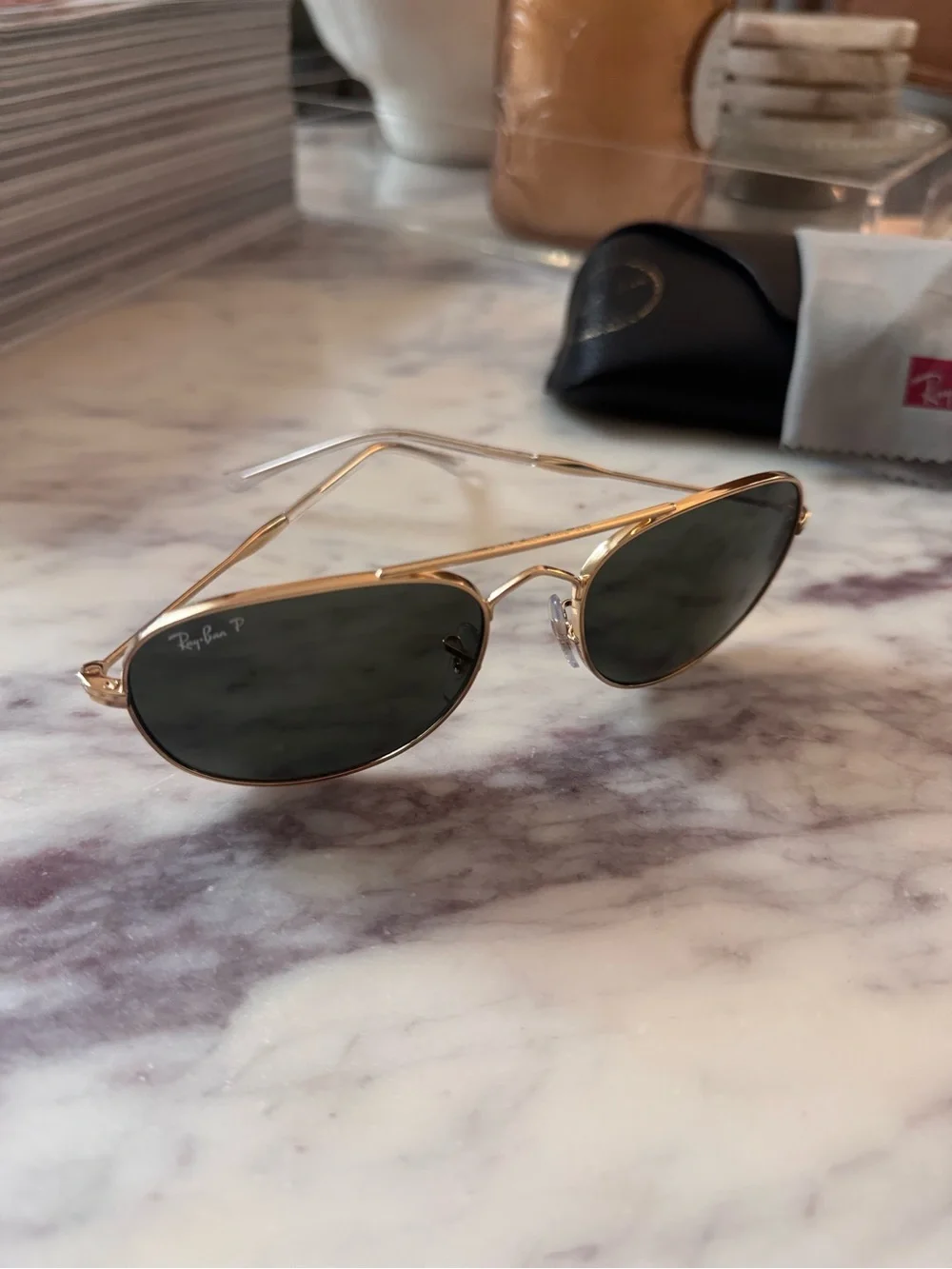 Ray-Ban Polarized Gold Frame Sunglasses with Dark Lenses RB3735
